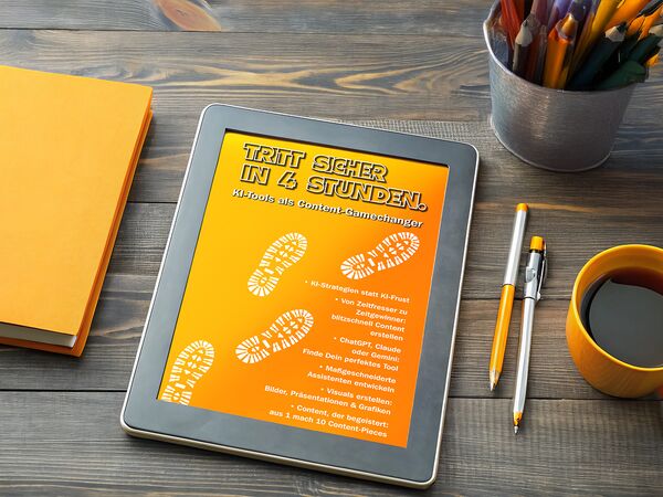 Grafische Darstellung für selbstbewussten Umgang mit KI-Tools, wie z.B. ChatGPT und smarten Promptprinzipien, im eigenen Lernprozess.Tablet mit ChatGPT-Crashkurs – Workshop für KI-Content, Nicole Angela Buck